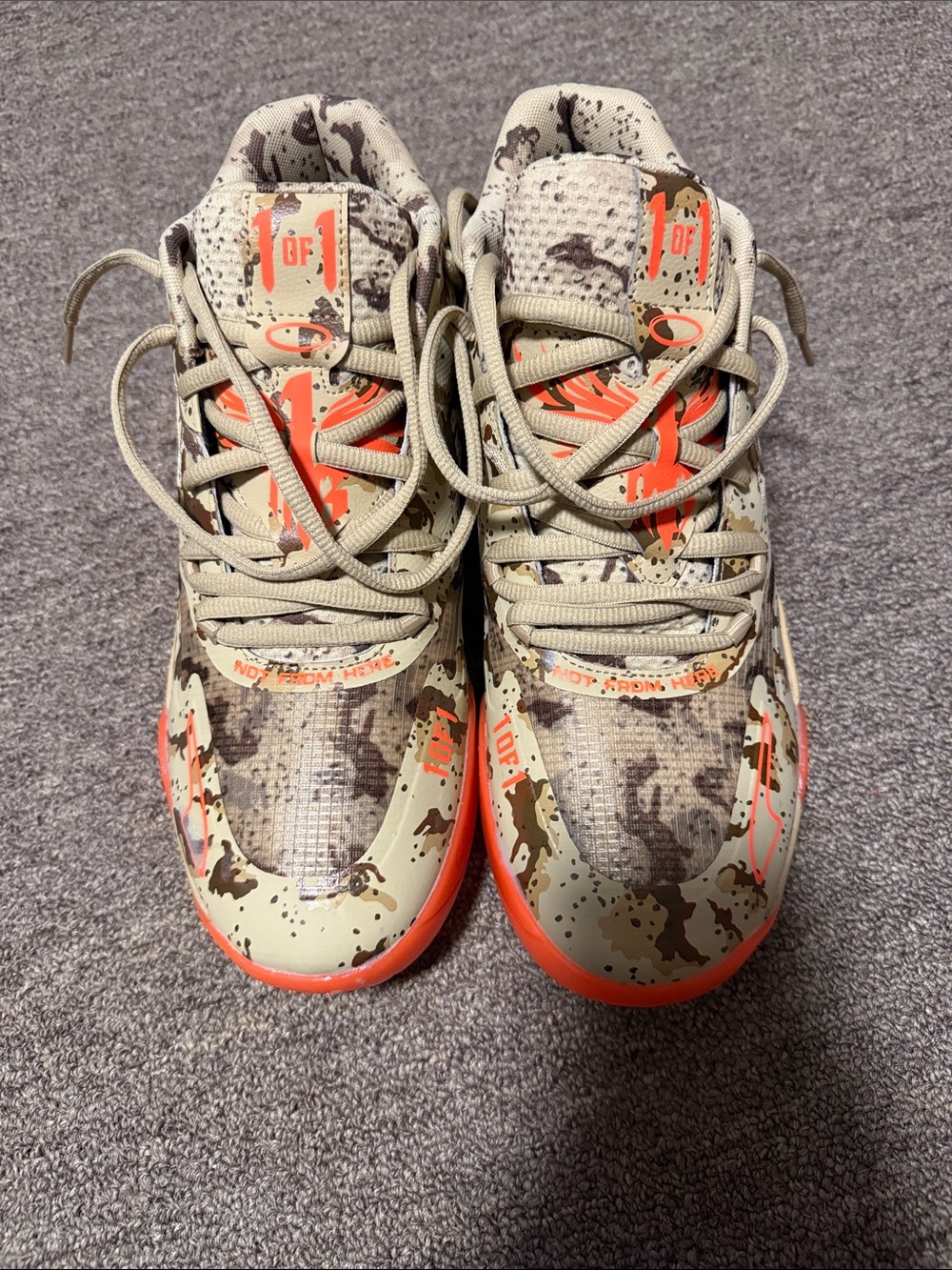 Puma Men’s Beige Camo Athletic Shoes with Orange Accents